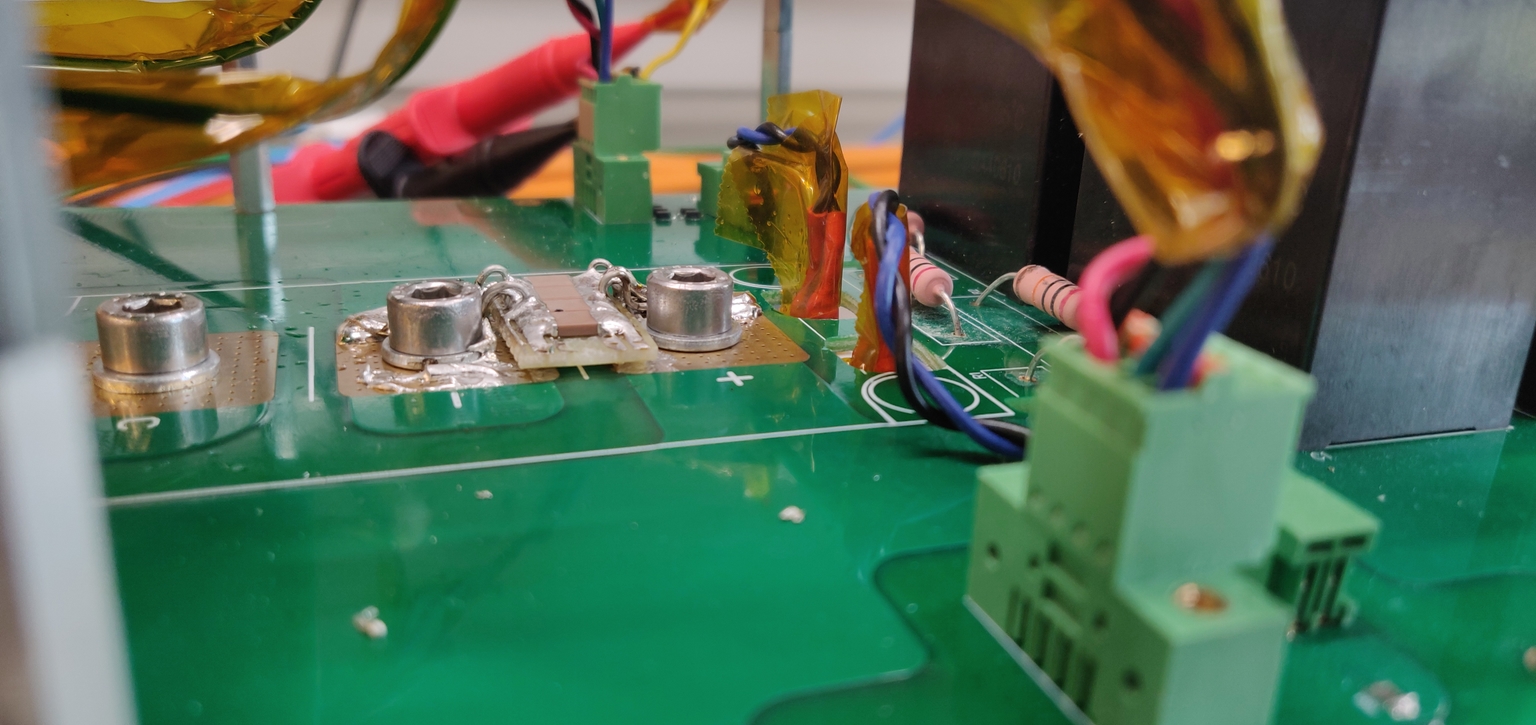 The fix for the ringing and overshoot issue: small low-inductance capacitors added near the switches